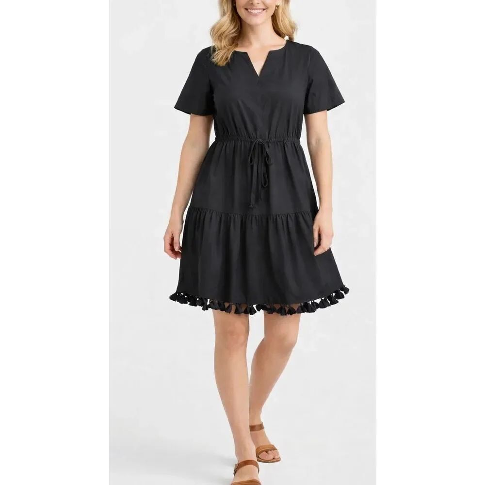A New Day black cotton poplin dress tie waist tassel trim medium